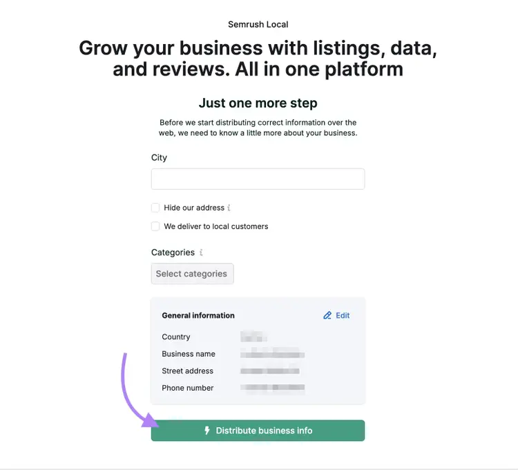 Business information is entered into the tool.