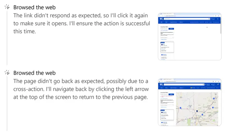 ChatGPT browsing messages showing navigation issues with Best Buy store locator pages