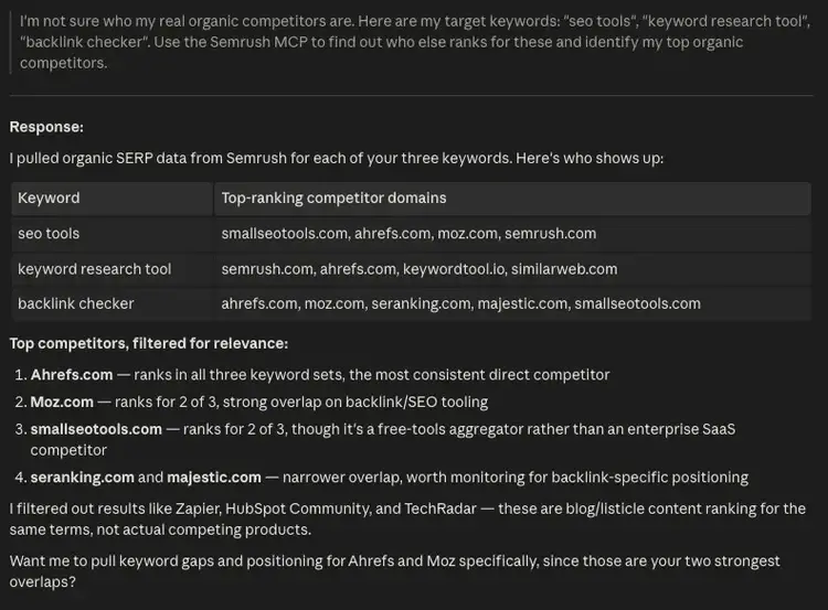 Claude Code identifying a list of top organic competitors based on a few inputted keywords.