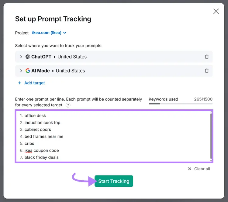Set up Prompt Tracking popup with keywords entered and arrow to Start Tracking button.