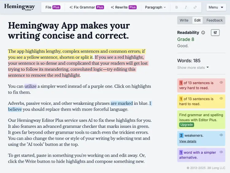 Hemingway Editor color codes text with suggestions like hard to read sentences, fix grammar, simplify words, and more.
