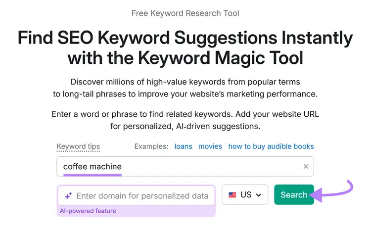 Semrush Keyword Magic Tool start with "coffee machine" typed and Search button highlighted