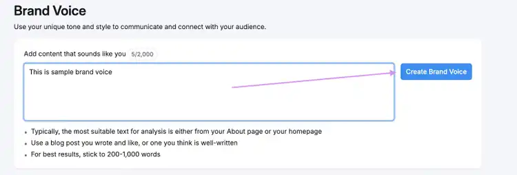Brand Voice creation form with text area for brand voice input