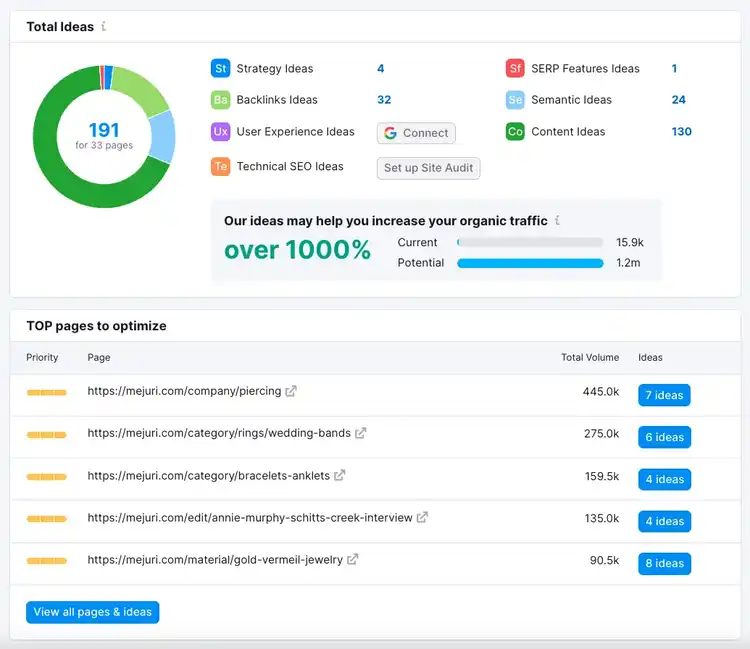 On Page SEO Checker overview report for a jewelry brand