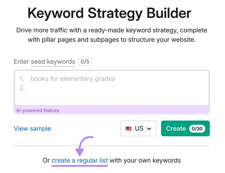 Keyword Strategy Builder with 'create a regular list' link highlighted.