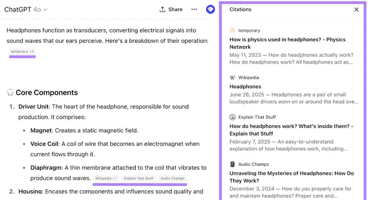 AI citations are noted in-line and in the right-hand sidebar when you open sources.