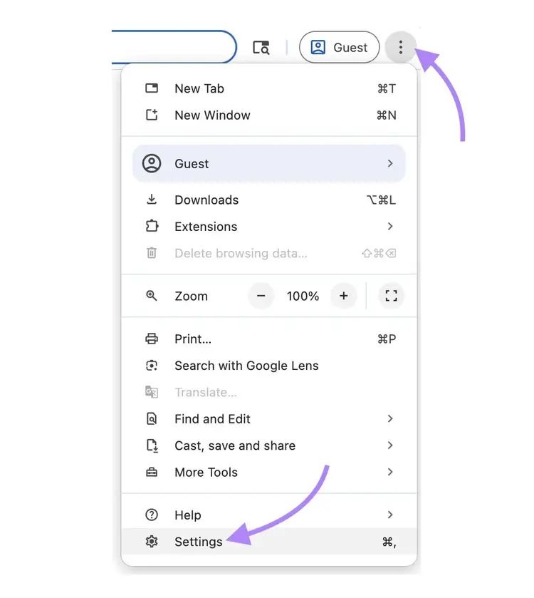 The three dots icon clicked in the top right corner of the Chrome browser and "Settings" selected from the list.