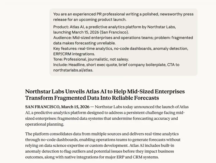 Claude generating a press release for a software product based on a prompt.