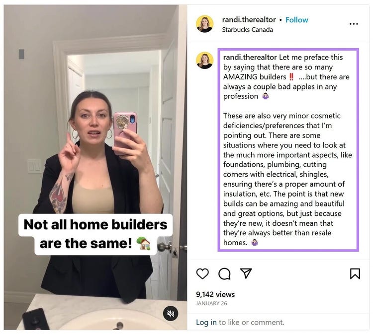 An Instagram post of a user sharing opinion on real estate