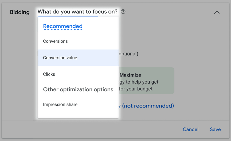 "Conversion value" selected under desired strategy drop-down