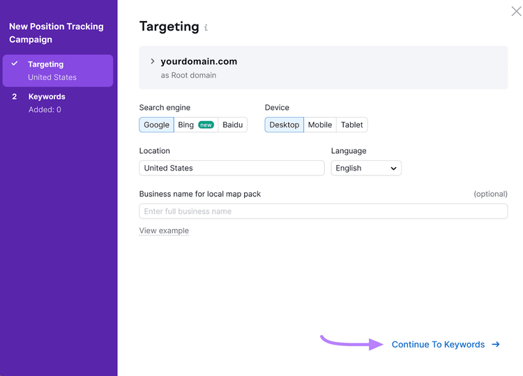 "Targeting" window in Position Tracking tool settings