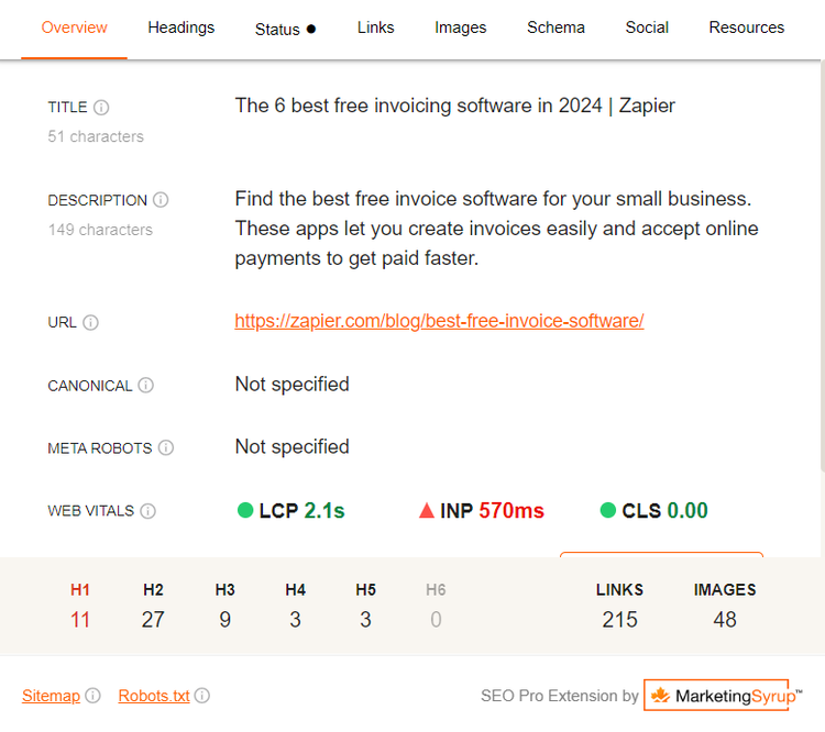 SEO Pro Extension Overview showing title (51 chars), description, URL, and web vitals