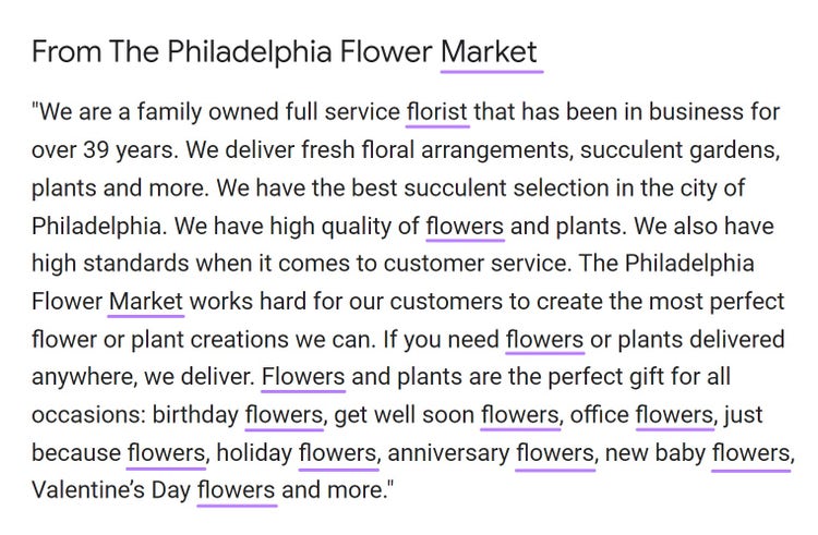 “florist,” “flowers,” and “market" keywords highlighted in The Philadelphia Flower Market description