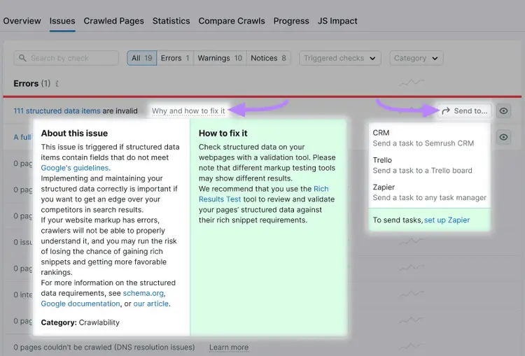 "Why and how to fix it," and "Send to" section opened in Site Audit tool
