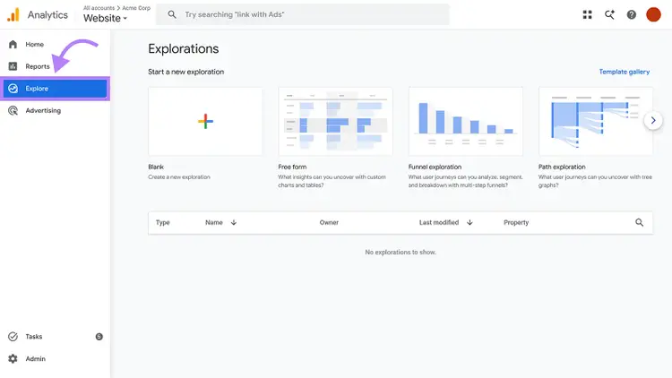 GA4 Explore section showing blank, free form, funnel exploration, and path exploration templates