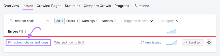 64 redirect chains and loops found in Site Audit tool