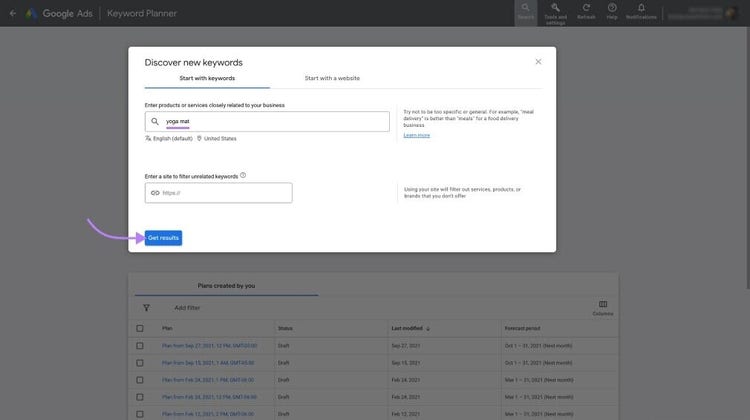 "Discover new keywords" pop-up window