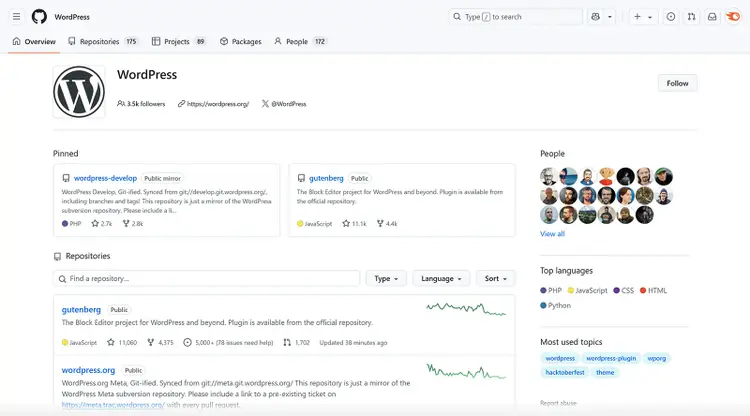 GitHub page of WordPress showing pinned repositories like "gutenberg" and "wordpress-develop", with top languages listed as PHP, JavaScript, and CSS.
