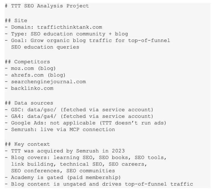 Markdown project brief for Traffic Think Tank SEO analysis with site goals, competitors, data sources, and strategy context