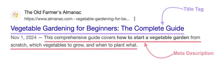 title tag is the blue hyperlinked text in a search result while the meta description appears underneath