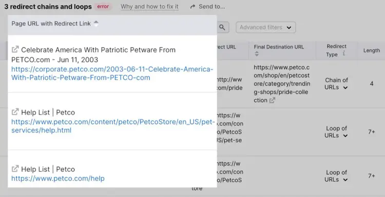 List of page urls with redirect link in Site Audit