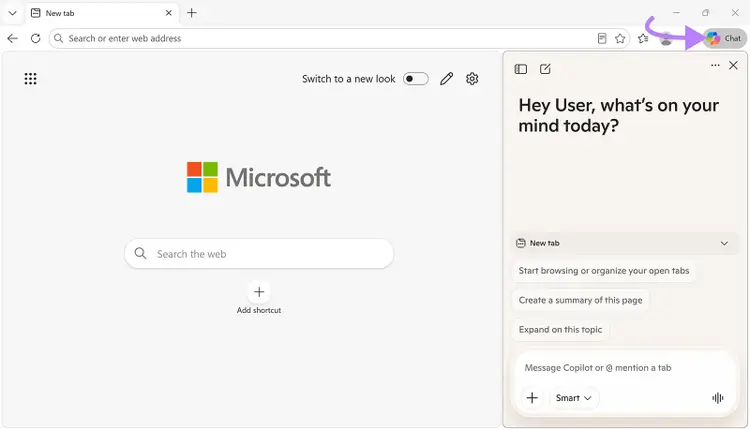 Microsoft Edge browser with the Copilot Chat panel open on the right side
