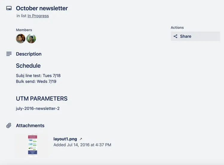A task titled "October newsletter" overview on Trello