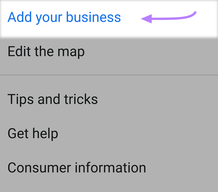 "Add your business" option highlighted in Google Maps menu