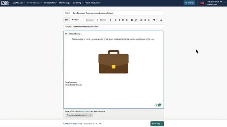 Draft outreach email in Muck Rack with subject line, message body, and attachment preview.