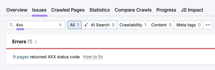 The "Issues" tab on Site Audit with "4xx" entered showing a list of related issues.