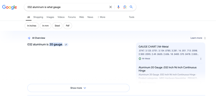 Google search showing brief AI Overview for 032 aluminum gauge query
