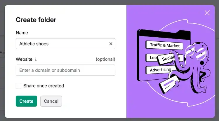 Create folder dialog for market research with name and website fields, plus Semrush illustration