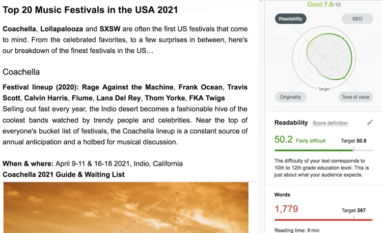 SEO Writing Assistant showing article readability score 7.8/10 and word metrics