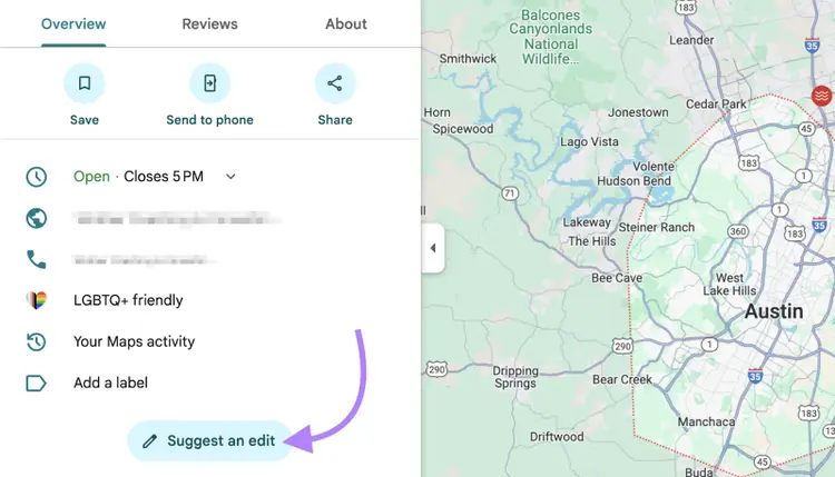 The option appears with a pencil icon below the business's information.