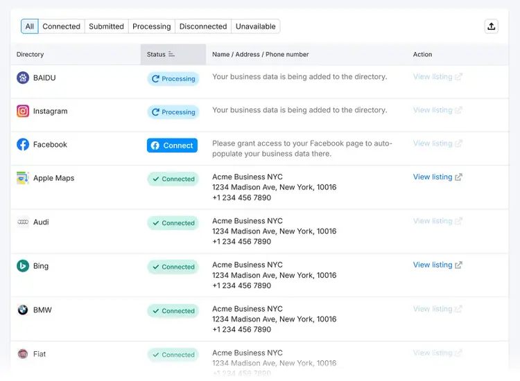 Dashboard view of business listings status showing connections to directories like Apple Maps, Audi, and Bing