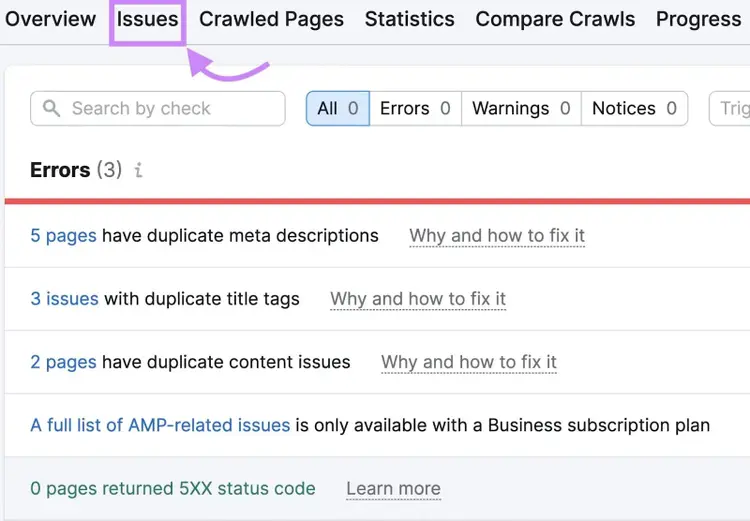 "Issues" tab in Site Audit