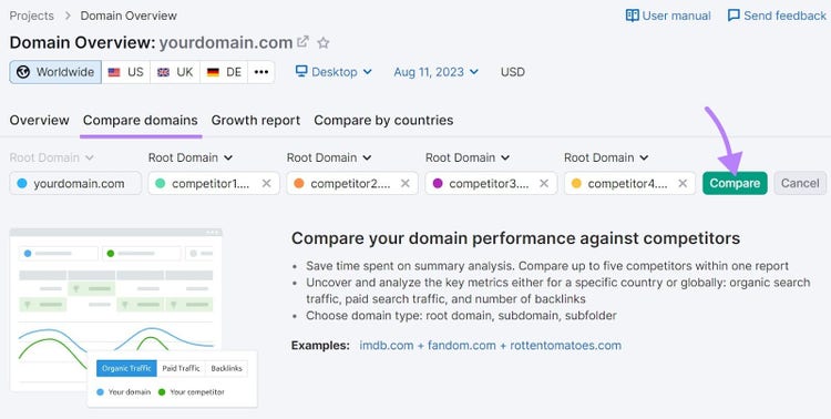 compare your Authority Score to your competitors in “Compare domains” tab