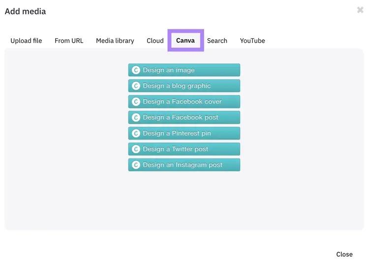 "Add media" window on Sendible showing different options with the built-in Canva integration.