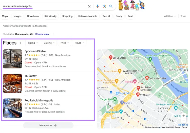 Google's local search results for "restaurants minneapolis" query