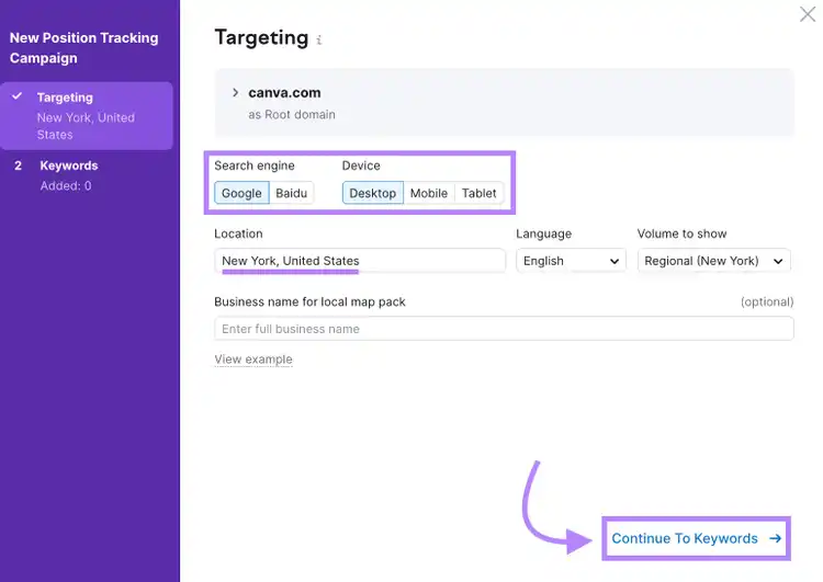 "Targeting" window in Position Tracking tool settings