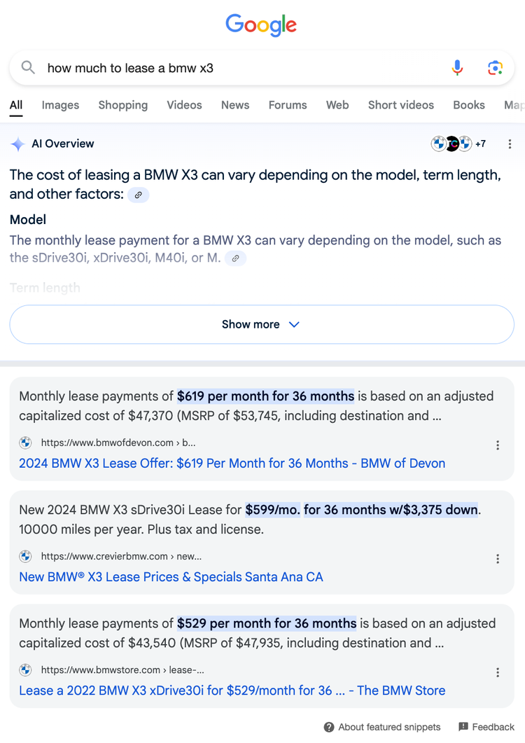 Google search showing AI Overview for BMW X3 lease prices with dealership results