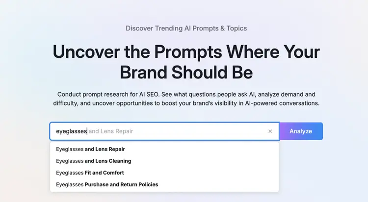 Prompt Research interface with eyeglasses-related prompt suggestions