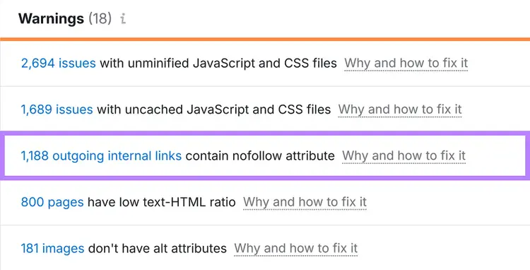 Site Audit Issues page Warnings section with 1,188 outgoing internal links contain no follow attribute row highlighted