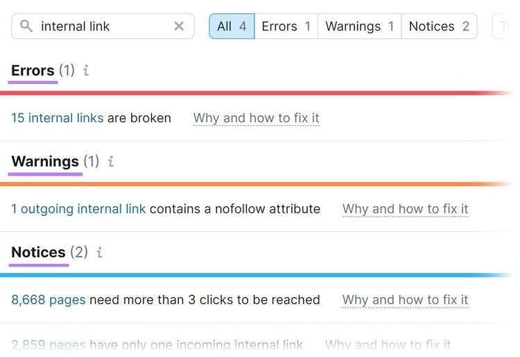 The issues in the Site Audit tool include errors, warnings and notices