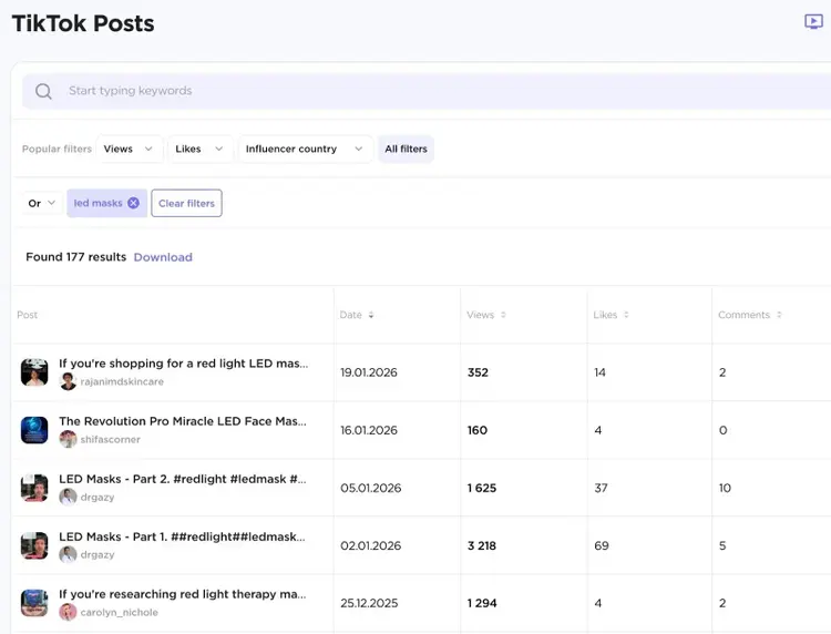 Influencer Analytics showing a list of TikTok posts with the term "led masks" along with engagement metrics.