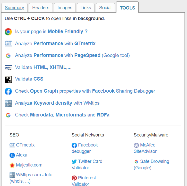 SEO META in 1 Click Tools tab with CTR, performance, HTML validation options