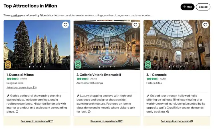 The "Things to Do in Milan" page on Tripadvisor showing a list of popular attractions in the city.