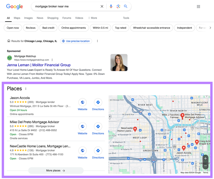 In a search for "mortgage broker near me," a list of local places appears next to Google maps, and below local sponsored ads