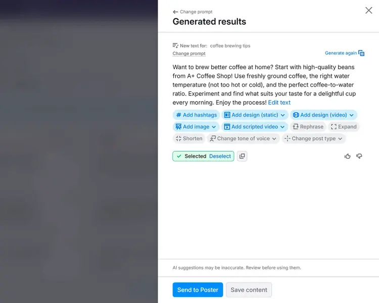 AI-generated social post editor showing suggested coffee brewing text and options to add hashtags, design, and images.