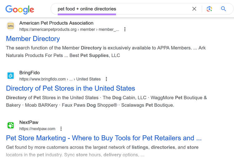 Google SERP for “pet food + online directories”